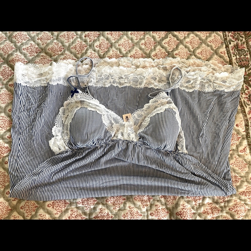 NWT Victoria Secret blue and white striped slip with lace detail